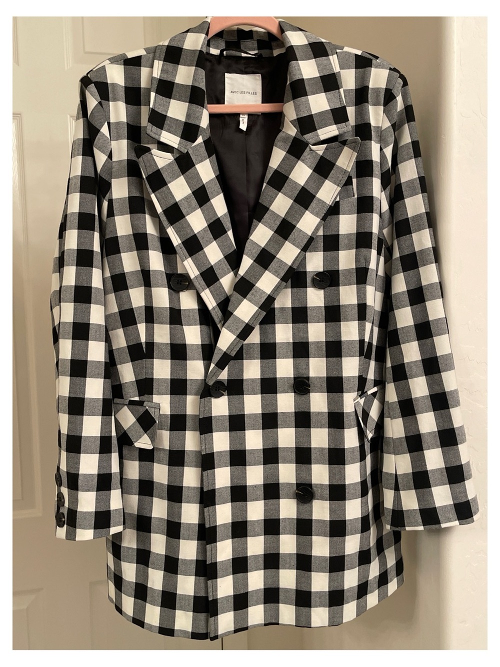 Avec Les Filles Black and White Checked Double-Breasted Pea Coat